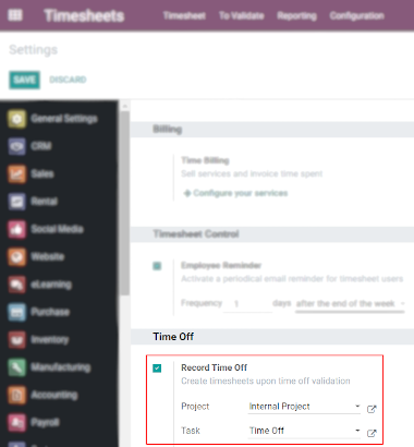 View of Timesheets setting enabling the feature record time off in Odoo Timesheets