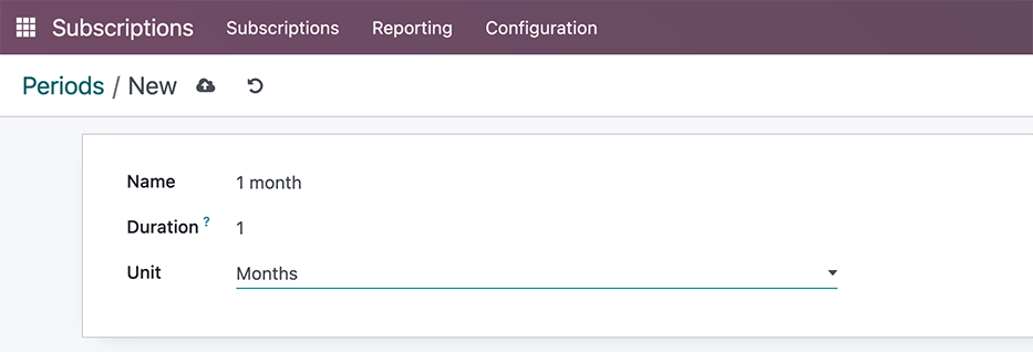 A blank recurrence period form in the Odoo Subscriptions application.