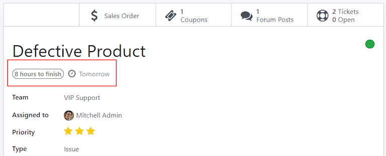 View of a ticket's form emphasizing an open SLA deadline on a ticket in Odoo Helpdesk