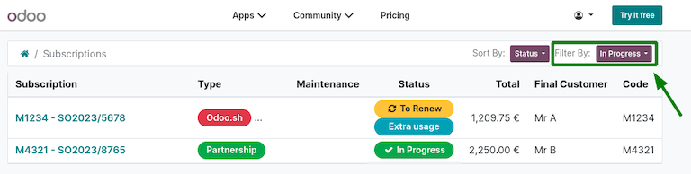 Odoo.com portal subscriptions filtered by "in progress".