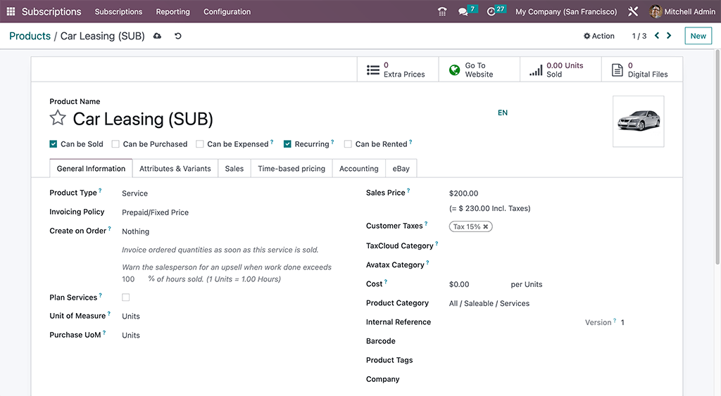 Odoo 订阅应用程序中的基本订阅产品表单。