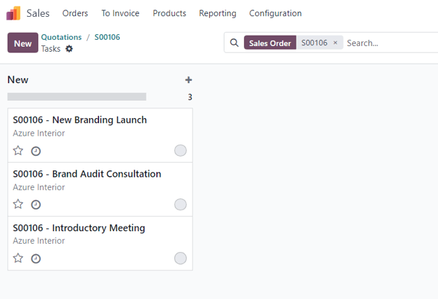 通过智能按钮从包含里程碑产品的销售订单访问任务页面示例。