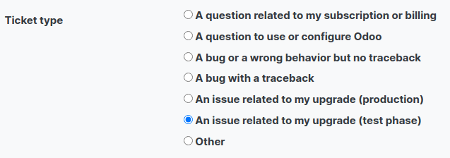 Selection of "An issue related to my upgrade" as Ticket Type in the support form on Odoo