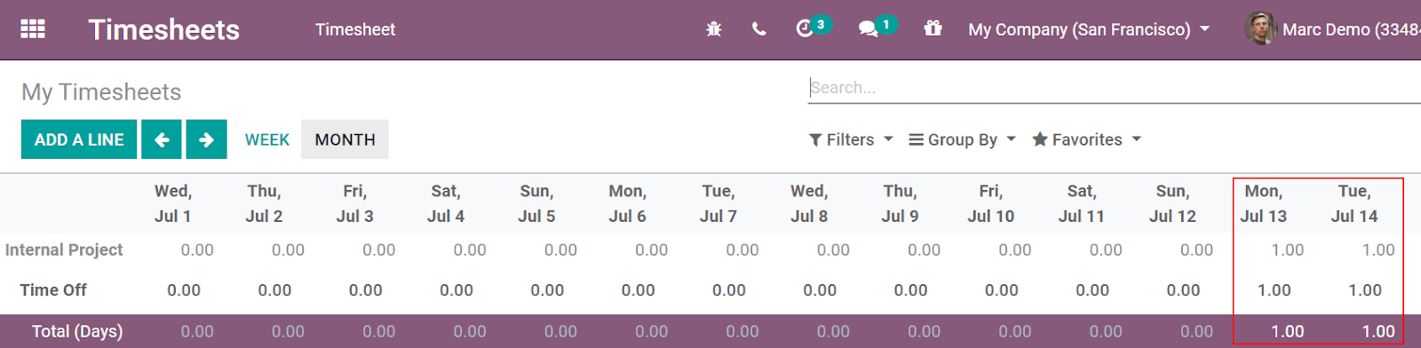 Video of timesheets emphasizing the requested time off from the employee in Odoo Timesheets