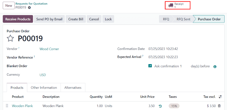 After confirming a purchase order, a Receipt smart button will appear.