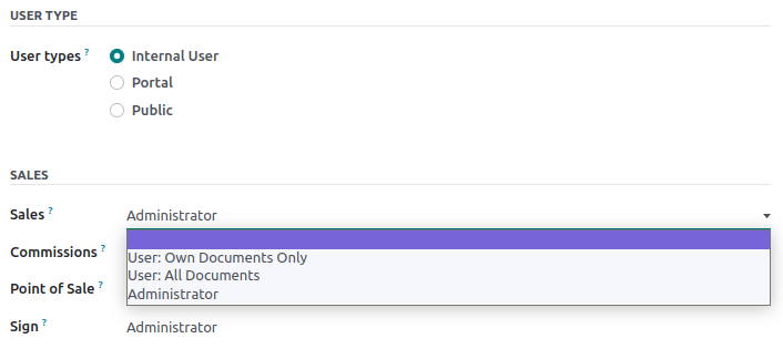 销售应用程序下拉菜单，用于设置用户的权限级别。
