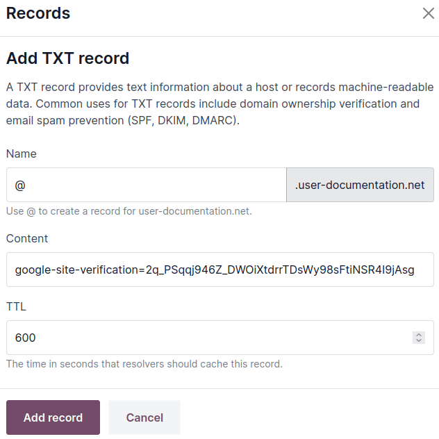 Creating a TXT record to verify domain name ownership
