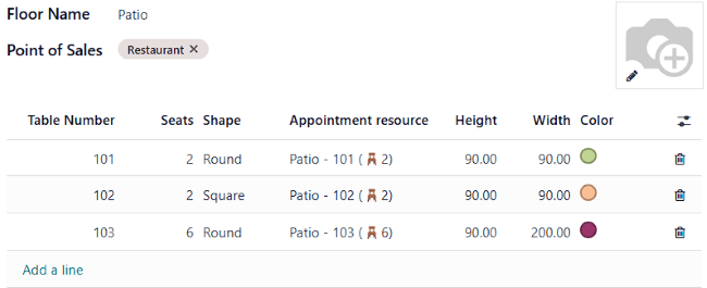 window to create a table in the POS backend