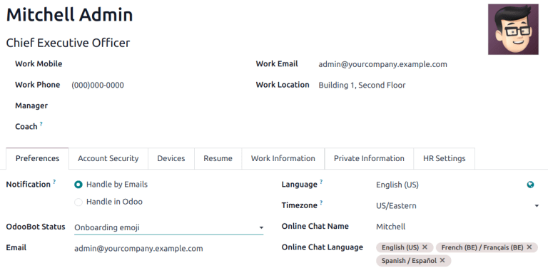 View of user profile in Odoo, emphasizing the Online Chat name field.
