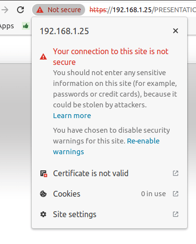 Google Chrome 浏览器中的打印机连接不安全按钮。