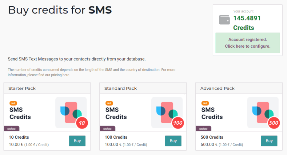 在 IAP.Odoo.com 上的 SMS 服务页面上,有四种可供购买的积点套餐。