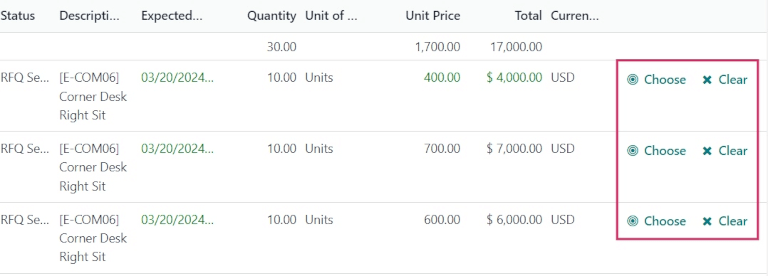 比较产品明细行页面,获取备选 RFQ。