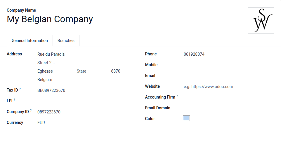 Odoo 中新公司表单概览。