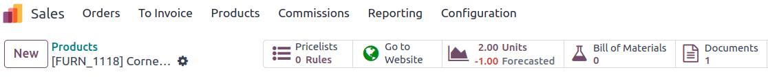 The Documents smart button on a product form in Odoo Sales.