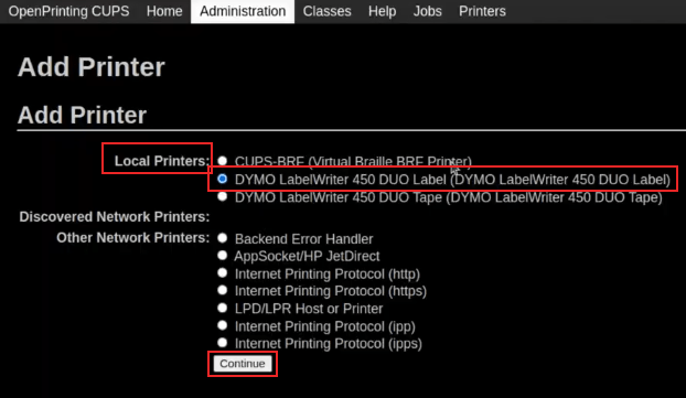 在 OpenPrinting CUPS 上添加一个打印机屏幕，突出显示 DYMO LabelWriter 450 DUO 标签。