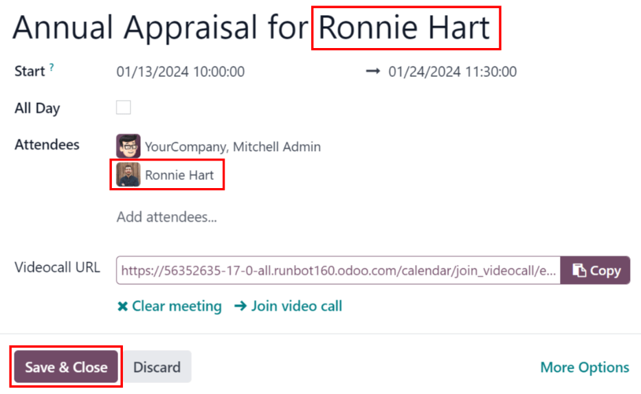 会议表单,包含 Ronnie Hart 年度考评的所有信息。
