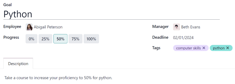 为 Python 技能填写的目标表格，熟练程度设定为 50%。