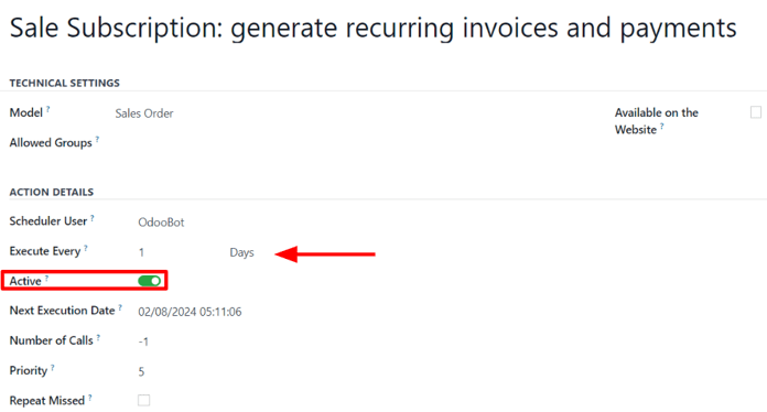 Odoo 设置应用程序中的预订操作表单。