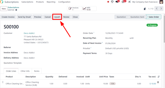 使用 Odoo 订阅应用程序，为订阅销售订单提供追加销售按钮。