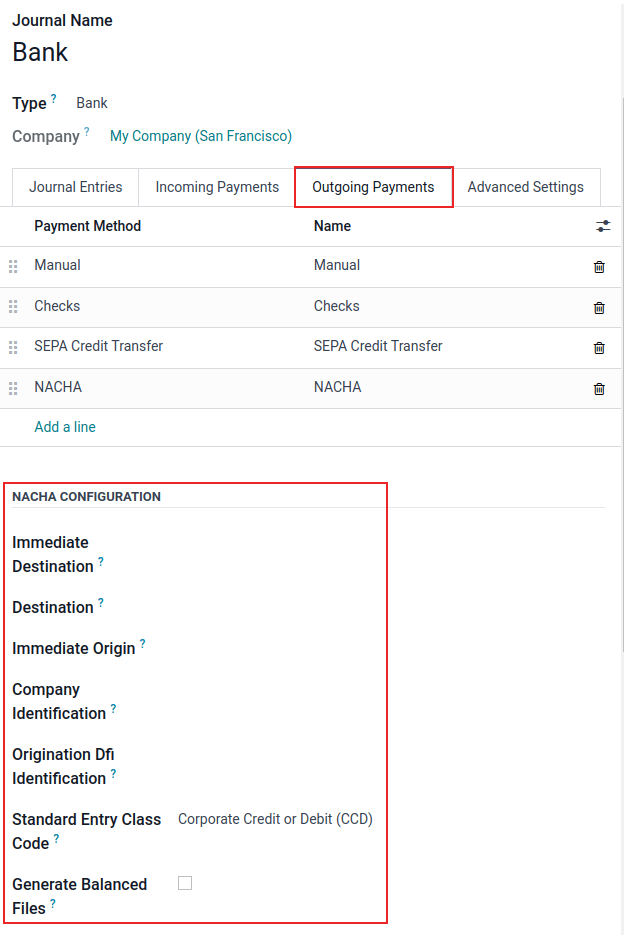 在 Odoo 上进行 NACHA(国家自动清算所协会)配置设置。