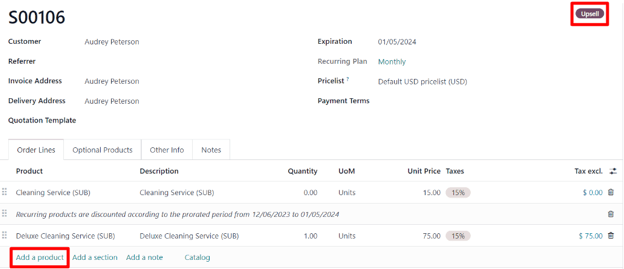 通过 Odoo 订阅中的追加销售选项，将产品新增至订阅计划