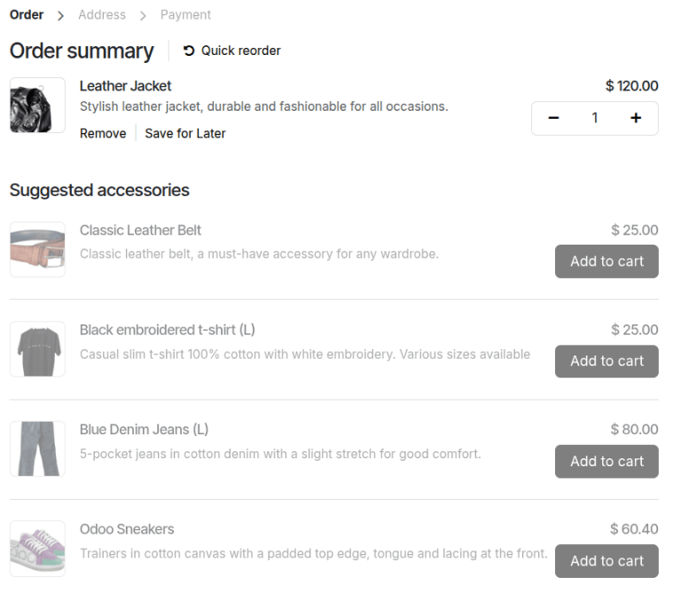 A screenshot of an eCommerce shopping cart showing accessory products.