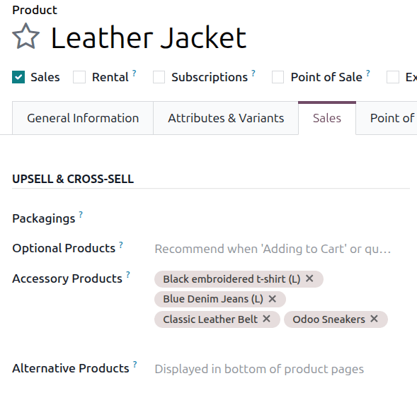 A product form in Odoo Sales showing the accessory products section.