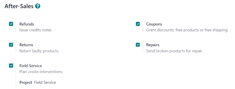 The after sales options enabled on a helpdesk team.