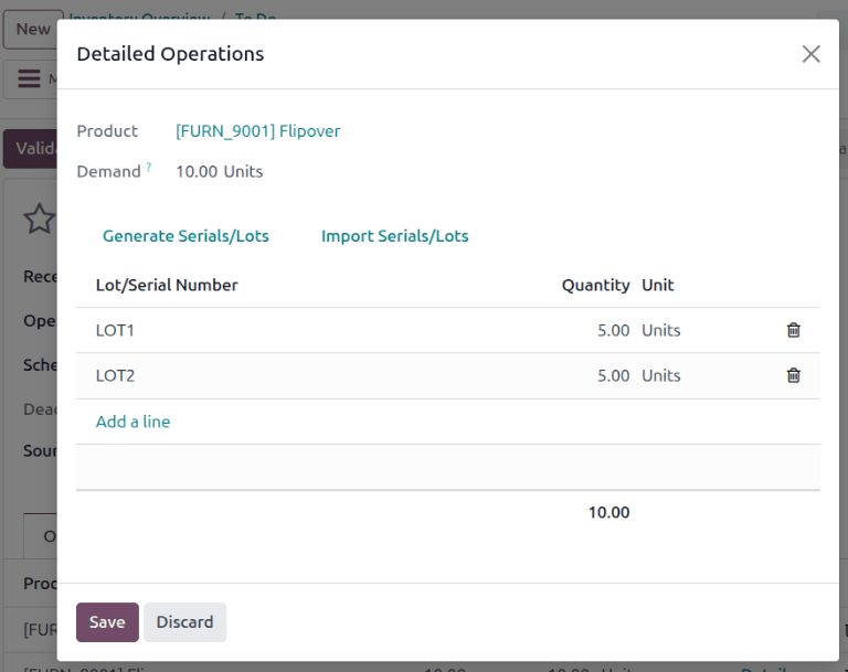 Assign lot number detailed operations popup.