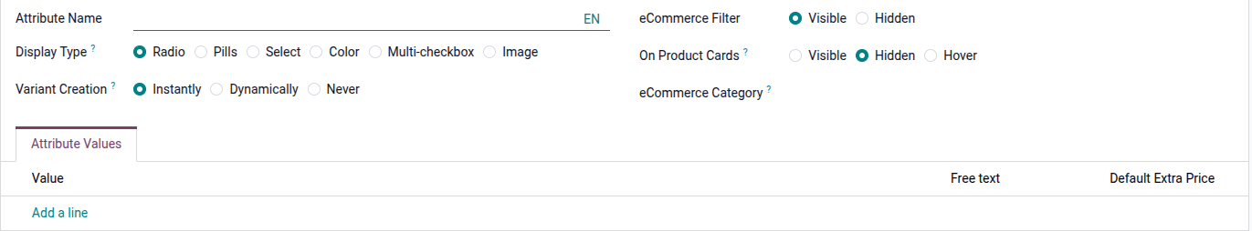 A blank attribute creation form in the Odoo Sales application.