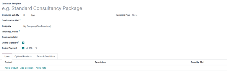 Create a new quotation template on Odoo Sales.