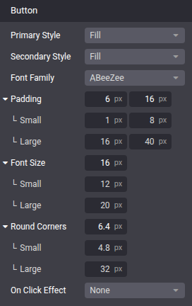 Button padding, font size and round corners settings