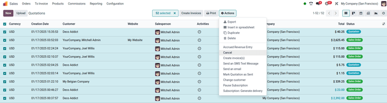 The Cancel quotations option on the Actions drop-down menu in the Odoo Sales application.