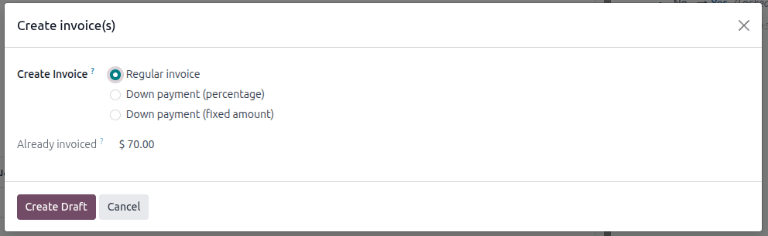 The deduct down payment option on the Create invoice(s) pop up in Odoo Sales.