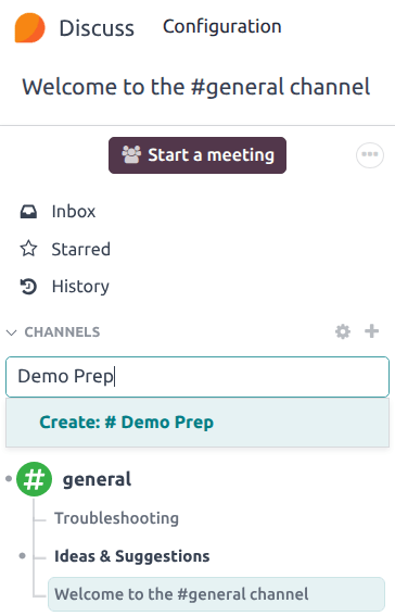 View of discuss's sidebar and a channel being created in Odoo Discuss.