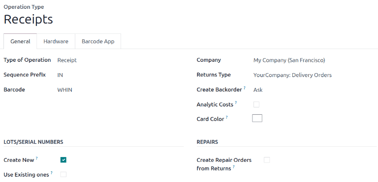Create New option is selected on the Receipts operation type.