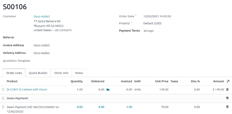 The down payments section in the order lines tab of a sales order.