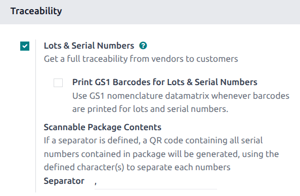 Enabled lots and serial numbers feature in inventory settings.