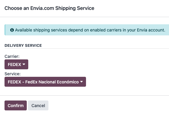 Envia.com carrier and services popup.