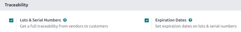 Enabled lots and serial numbers and expiration dates settings.