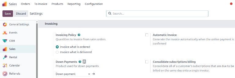 Choosing an invoicing policy in the Sales app.