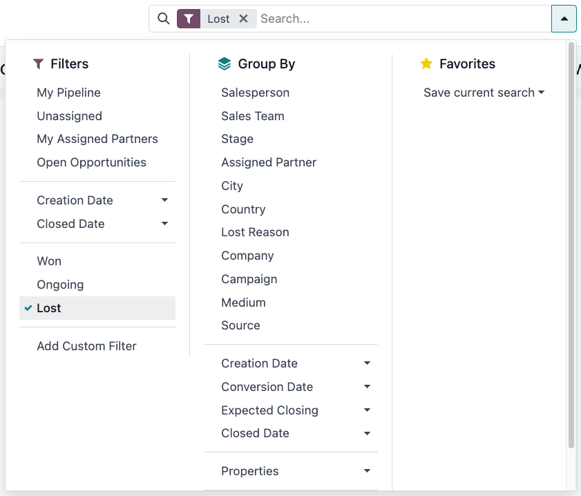 Search bar with lost filter emphasized.