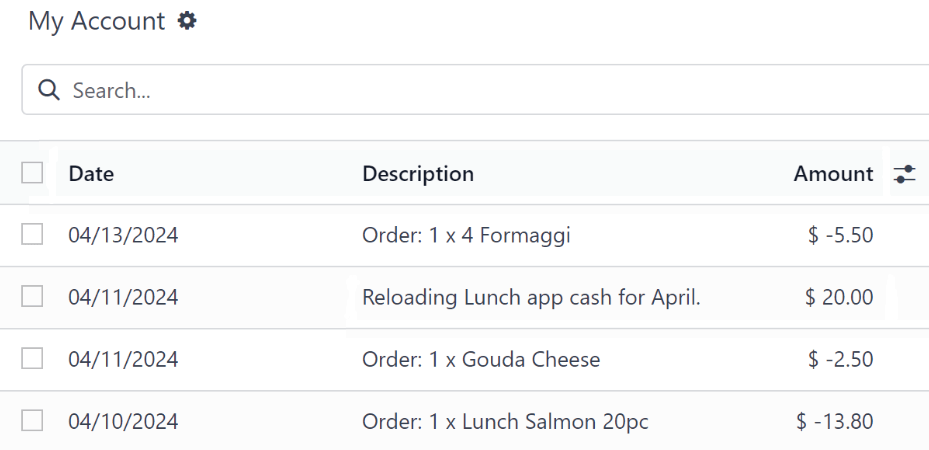 The 'My Account' dashboard with the entry for adding funds to the user's lunch account.