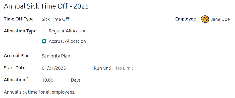 A new allocation form with all the fields filled out for the annual two week vacation granted to all employees.