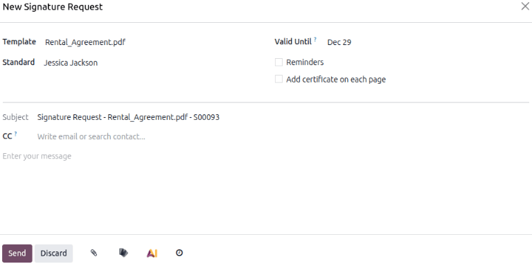 The New Signature Request pop-up window that appears in the Odoo Rental application.