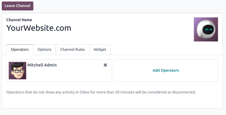 View of a live chat channel form for Odoo Live Chat.