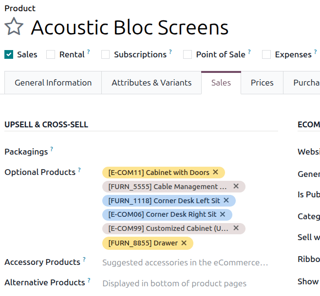Where the optional products section appears in product forms in Odoo Sales.