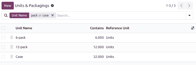 List of different packagings for products.