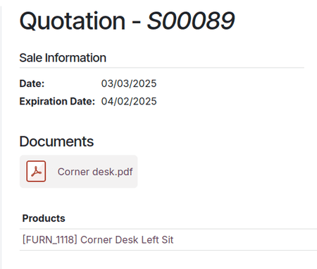 Sample of an uploaded pdf with the on quote option chosen in Odoo Sales.