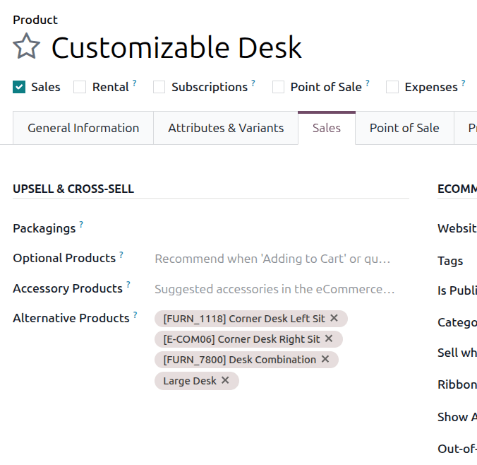 The alternative product field on the product form with multiple entries.